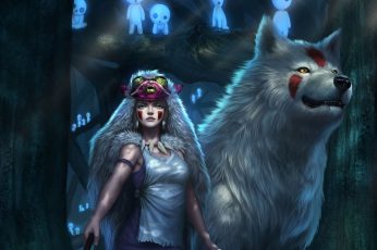 Creature wallpaper, fantasy art, fantasy girl, wolf, ghosts, Princess Mononoke