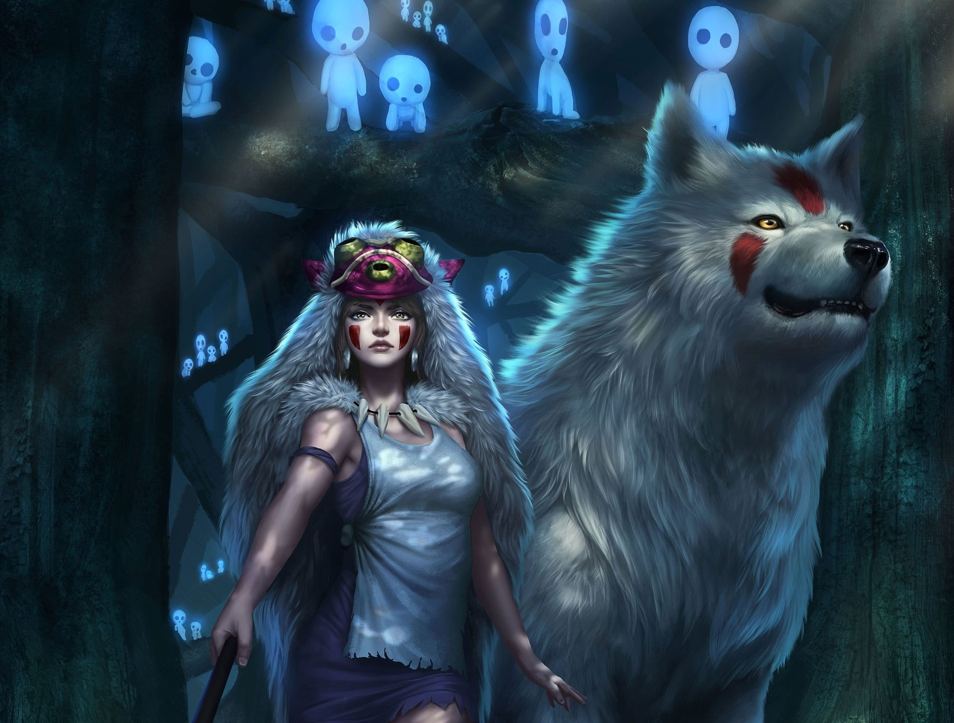 Creature wallpaper, fantasy art, fantasy girl, wolf, ghosts, Princess Mononoke