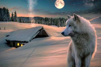 Winter wallpaper, snow, wolf, moon, sky, nature, landscape, full moon