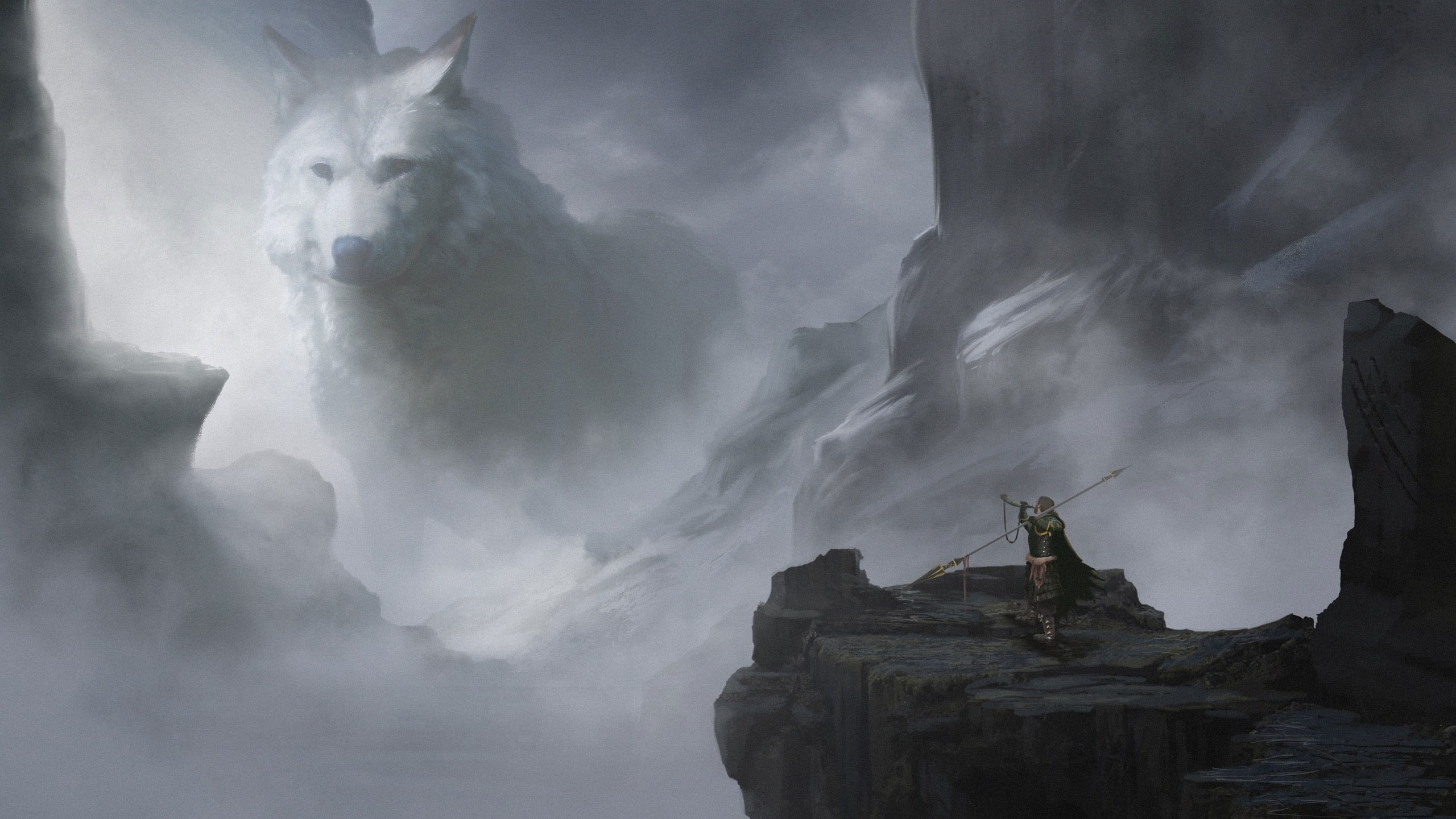 Illustration wallpaper, Wolf, giant, warrior, mountains, fantasy art