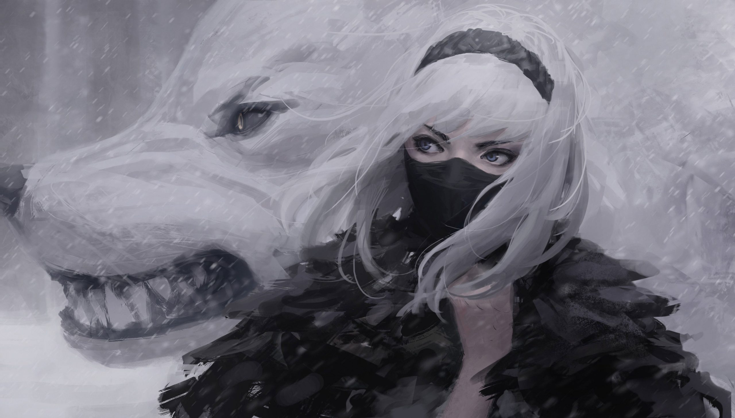 Women wallpaper, fantasy girl, wolf, white, white hair, headband, windy