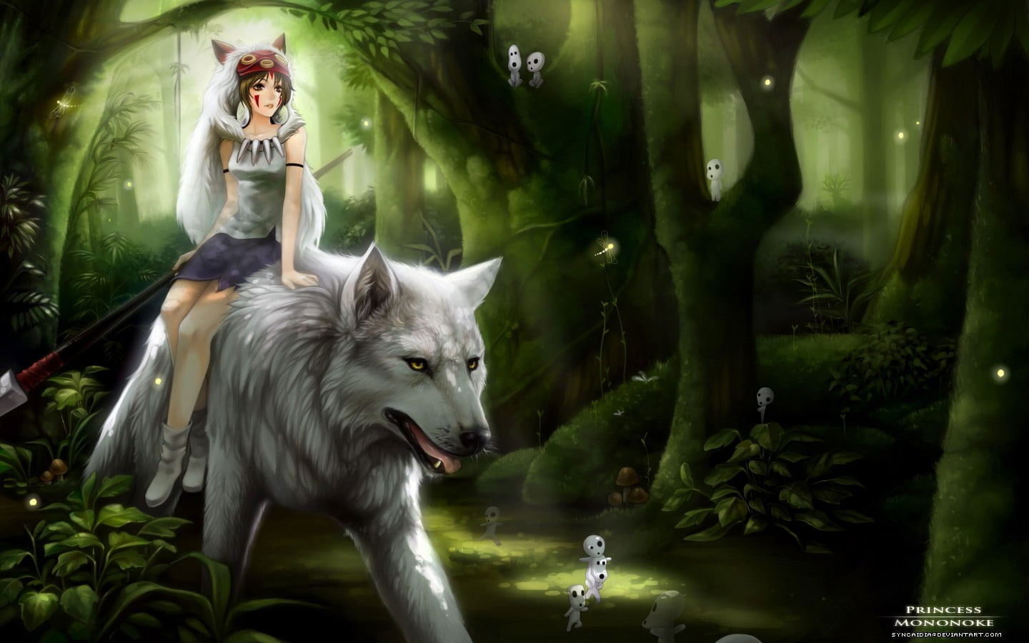Princess Mononoke digital wallpaper, wolf, forest, fantasy girl