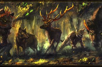 Animal hunter and hunted wallpaper, fantasy art, wolf, bears