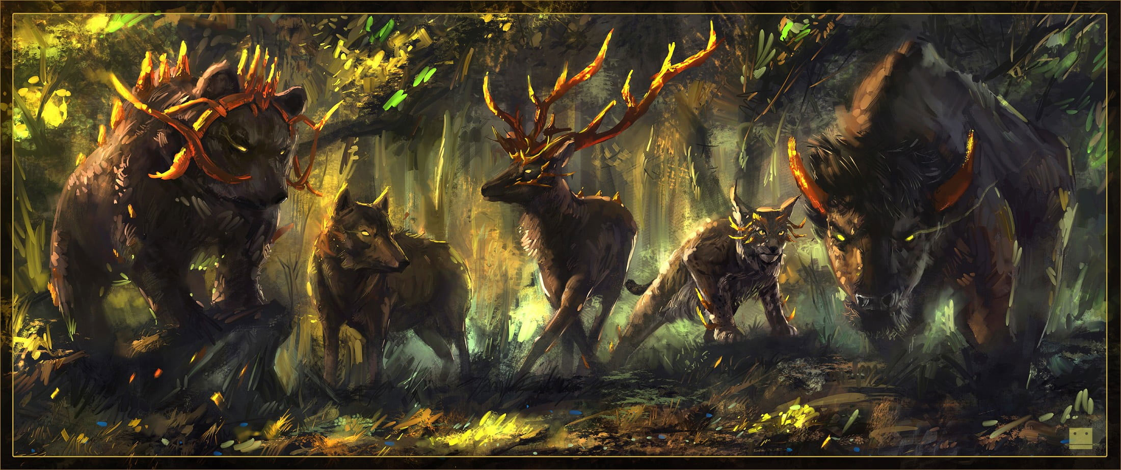 Animal hunter and hunted wallpaper, fantasy art, wolf, bears