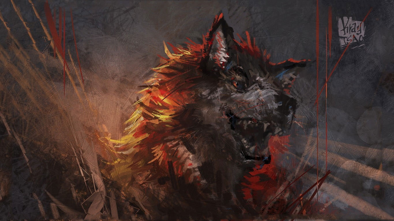 Orange and gray wolf painting wallpaper, fantasy art, animals, mammal, animal themes