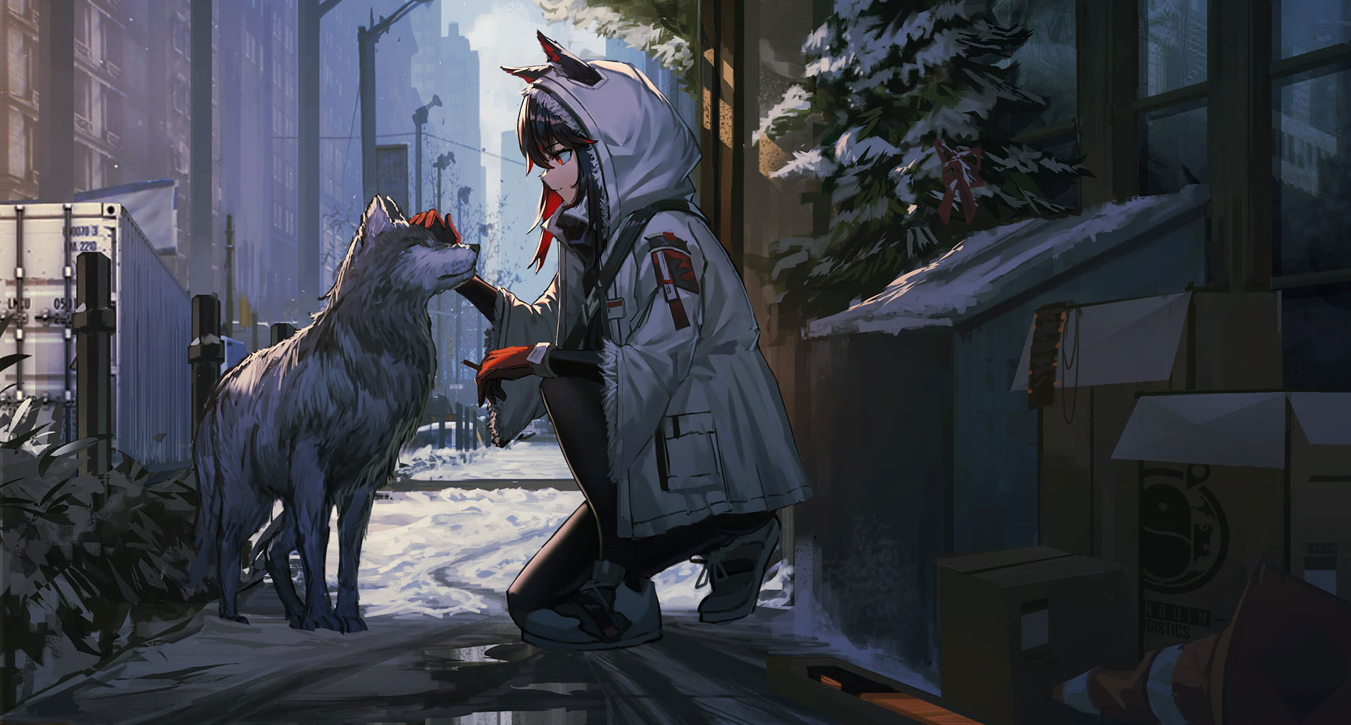 Arknights wallpaper, animal ears, wolf, snow, coats, smiling, city, trash