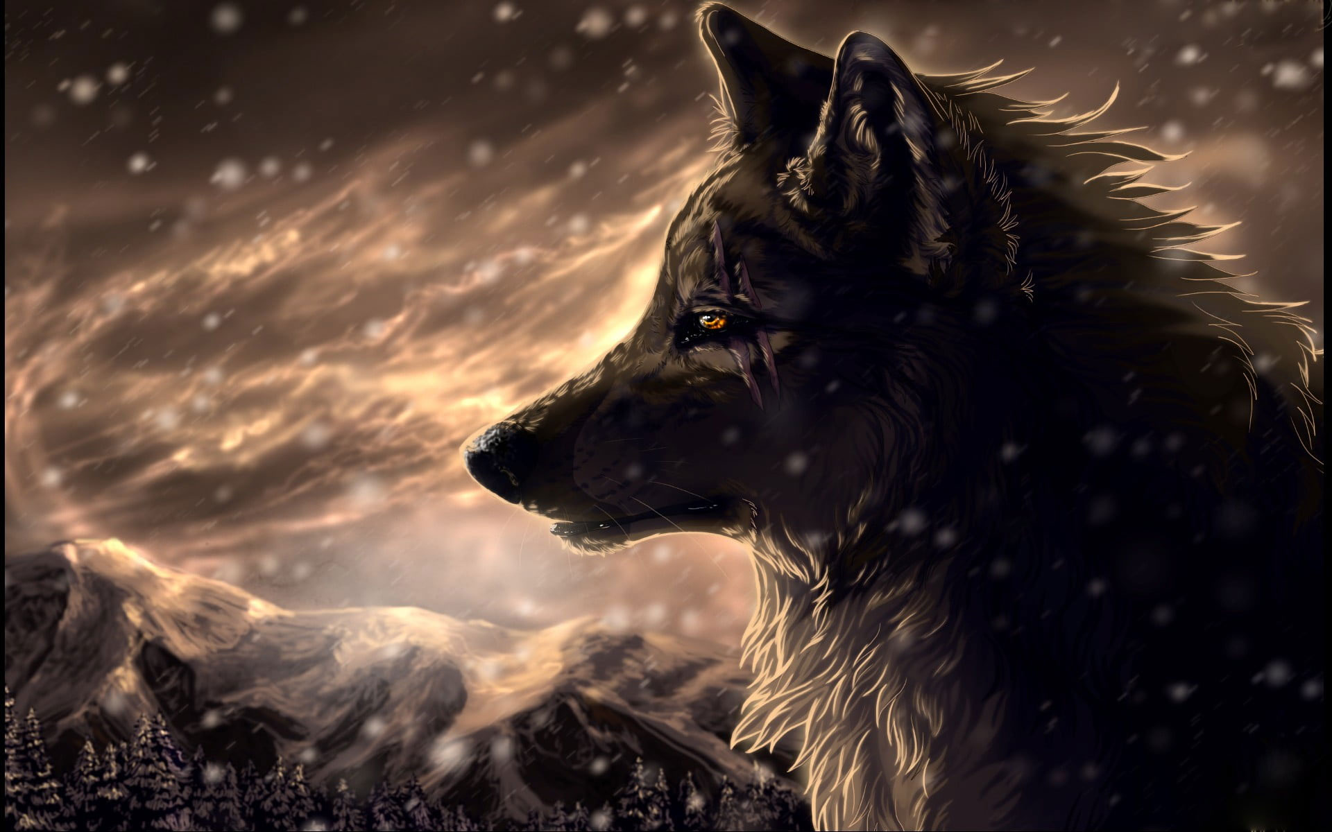 Wolf wallpaper illustration, anime, animals, snow, fantasy art, animal themes