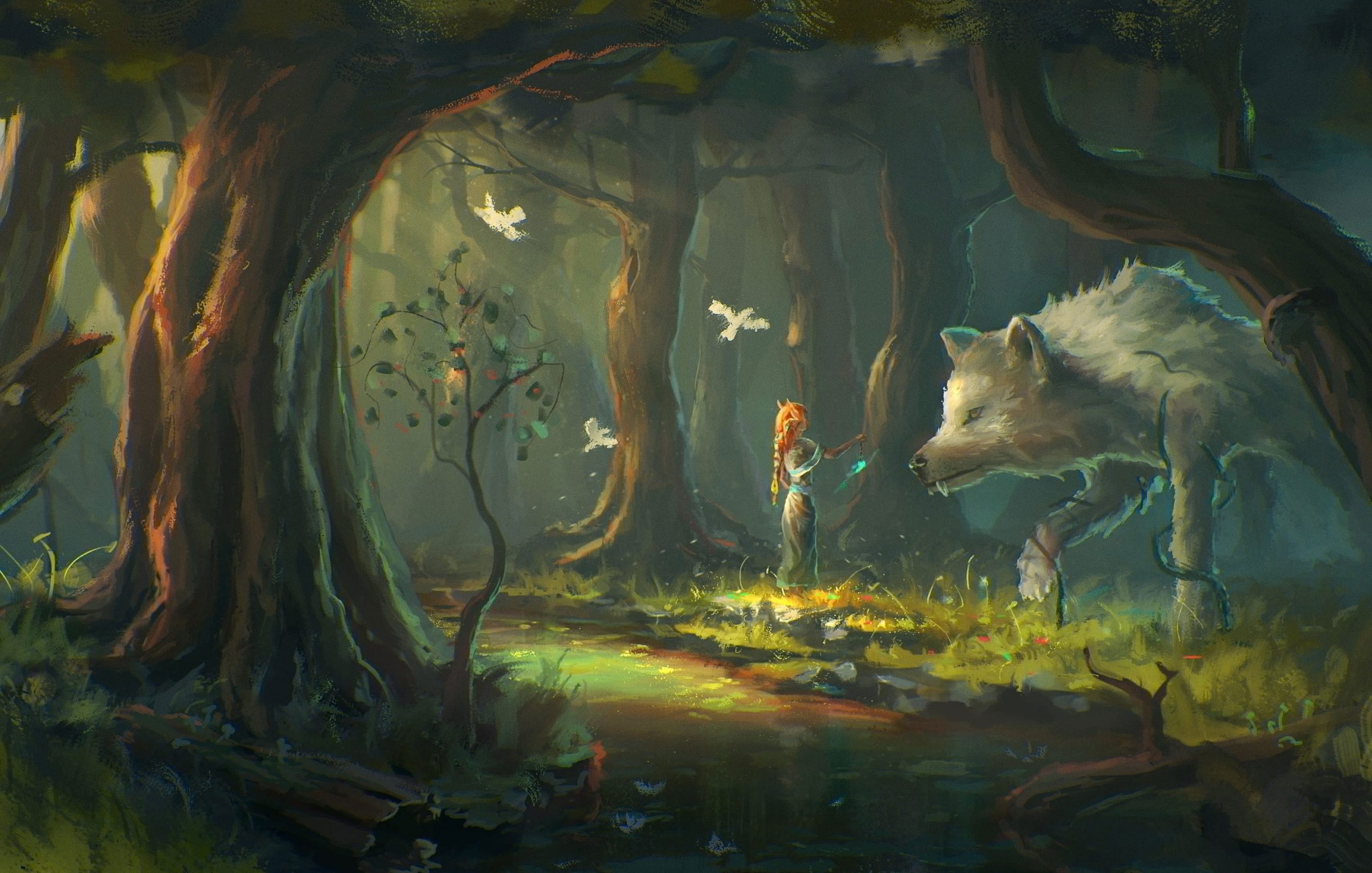 Woman and wolf painting wallpaper, fantasy art, forest