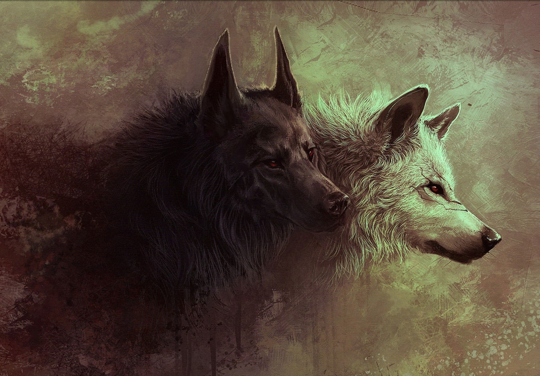 Painting of two black and white fox wallpaper, wolf, digital art, fantasy art