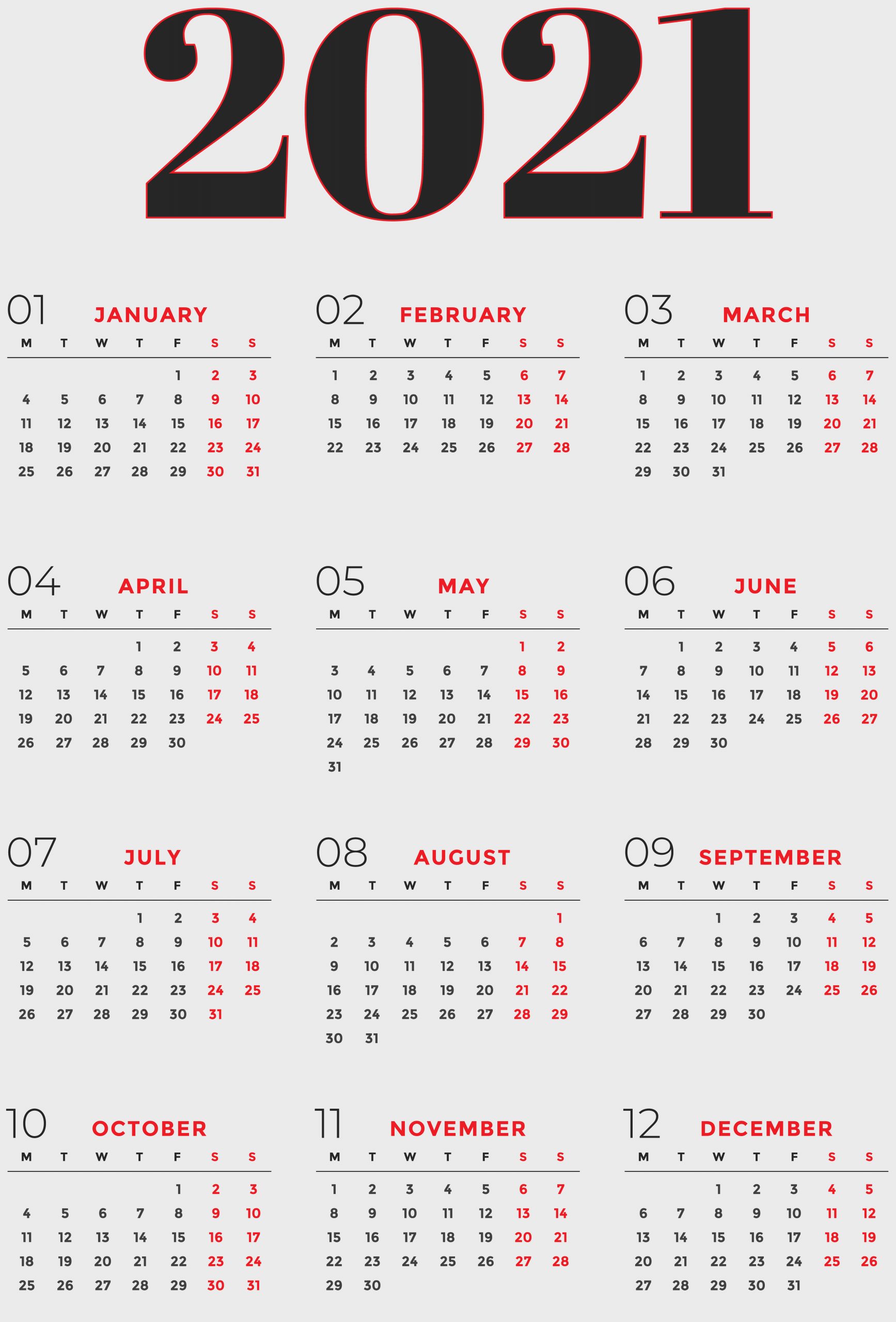 2021 calendar wallpaper grey and red