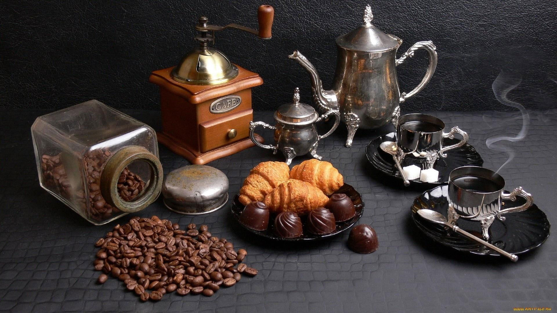 Coffee wallpaper, stainless steel tea set, coffee grinder, and coffee beans