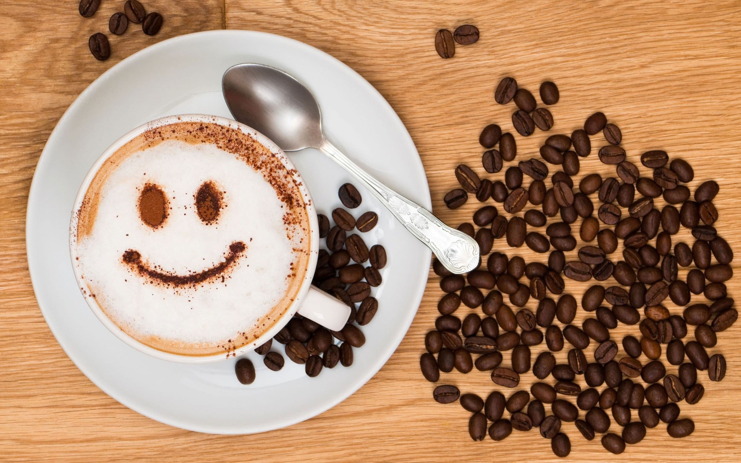 Brown coffee beans wallpaper, drink, smiley, spoon, cup, food and drink