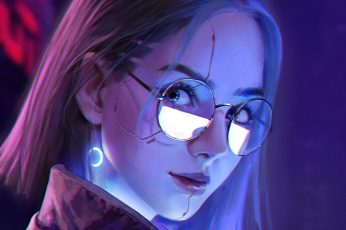 Cyberpunk 2077 wallpaper, artwork, glasses, glowing, cyberpunk, looking at viewer