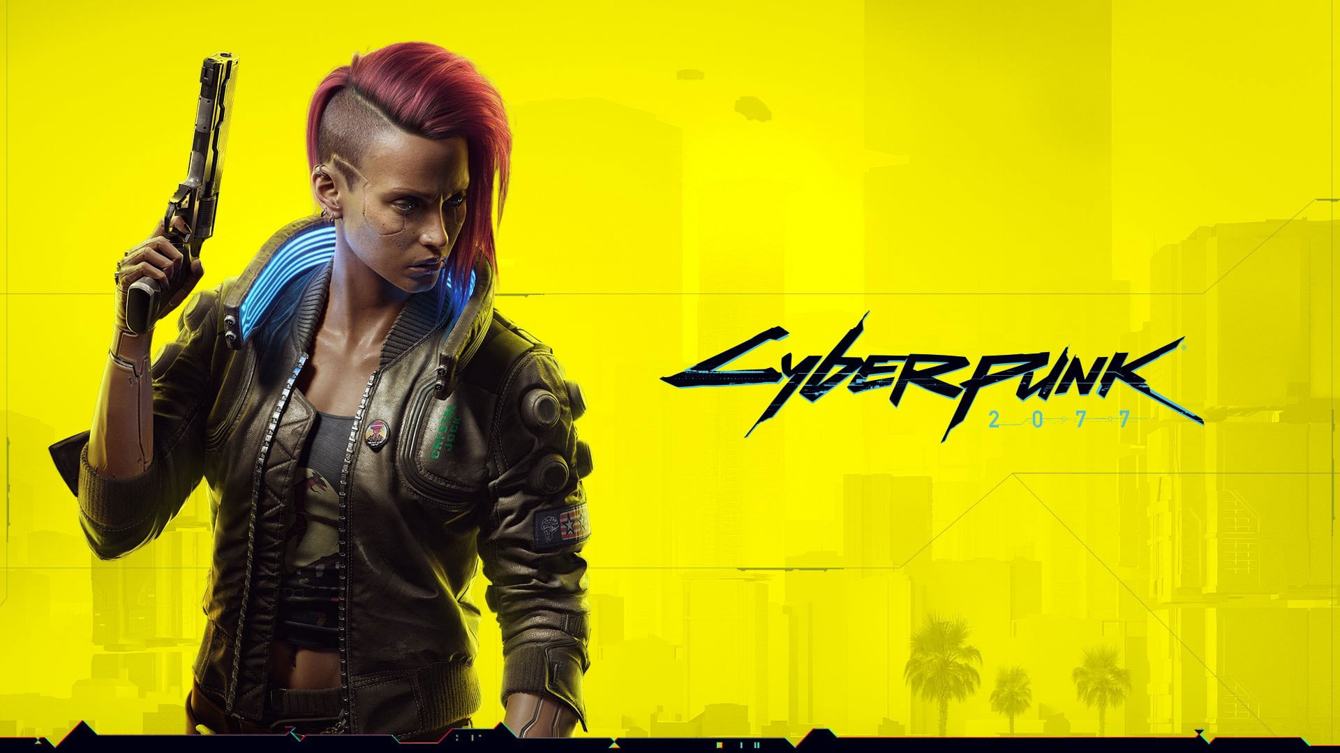 Cyberpunk 2077 wallpaper, V, redhead, yellow background, shaved head
