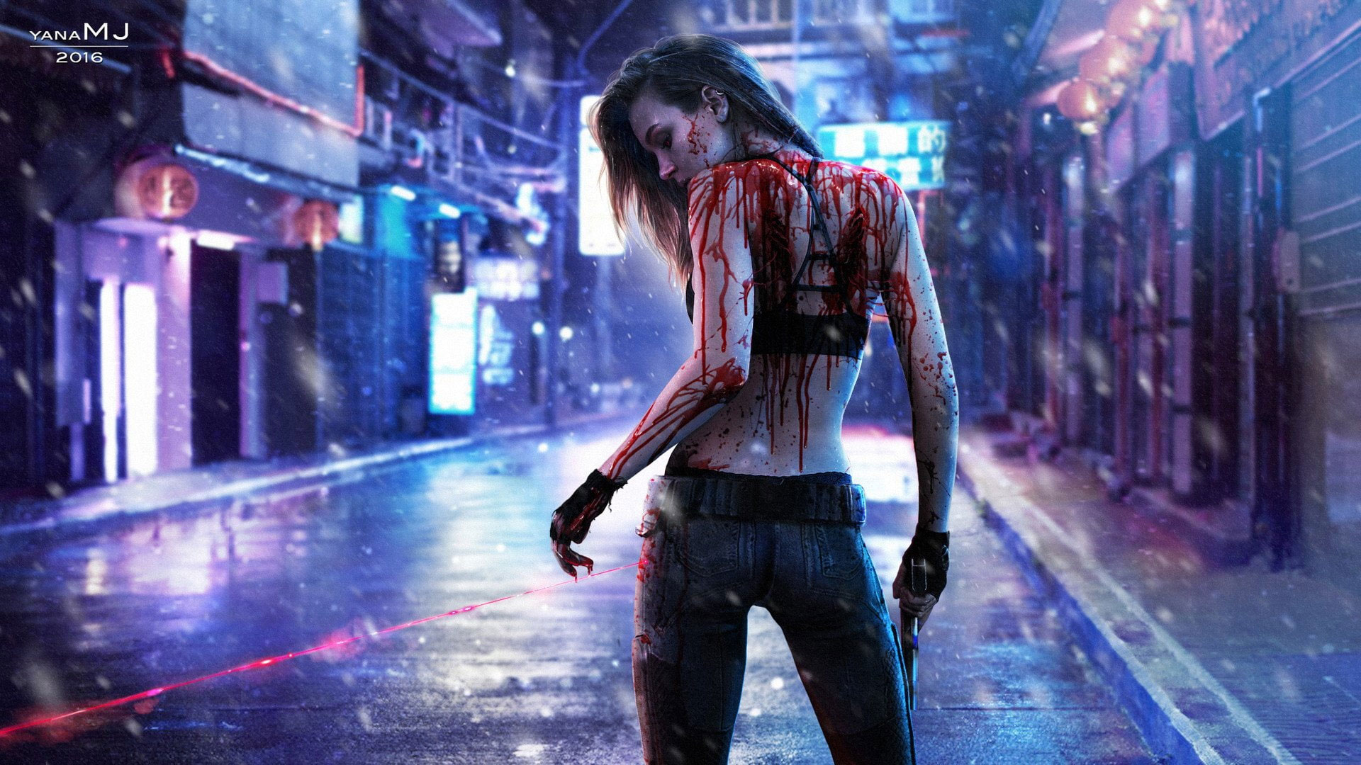 Cyberpunk 2077 wallpaper, Video Game, Blood, Girl, Gun, Laser, Rain