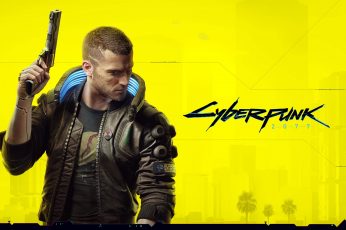 Cyberpunk 2077 wallpaper, video games, gun, 3D, yellow background, weapon