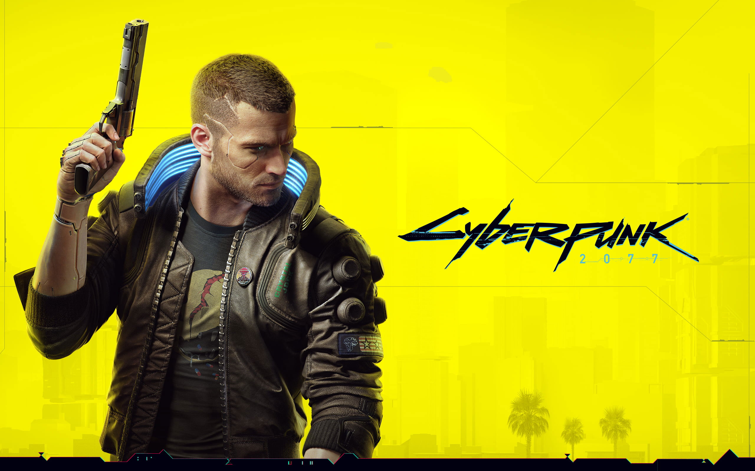 Cyberpunk 2077 wallpaper, video games, gun, 3D, yellow background, weapon