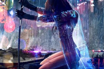 Woman with sword wallpaper, women, artwork, warrior, rain, cyberpunk