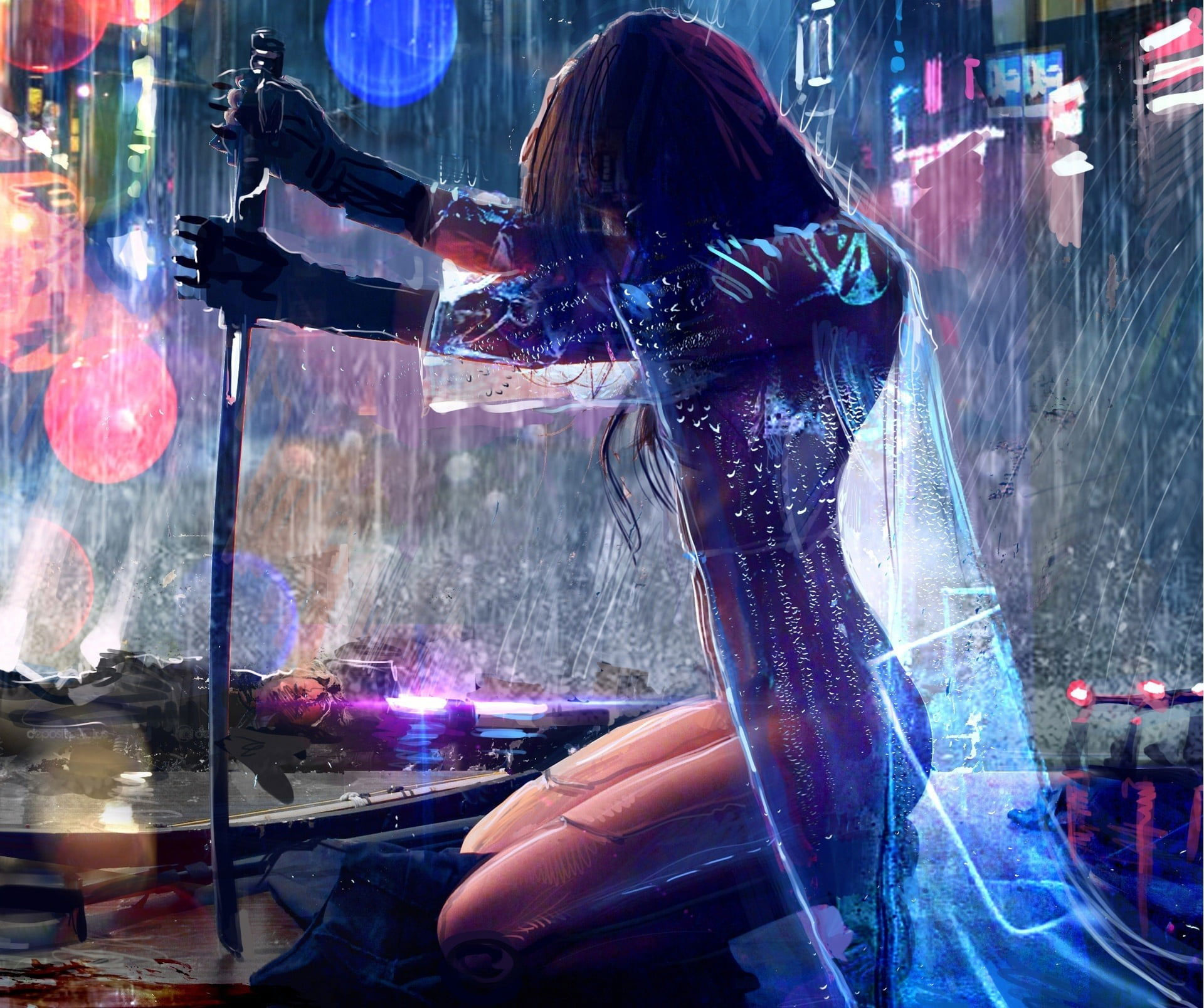 Woman with sword wallpaper, women, artwork, warrior, rain, cyberpunk