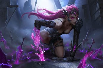Dark girl fantasy wallpaper, cleavage, pink hair, armor, Warrior, weapons