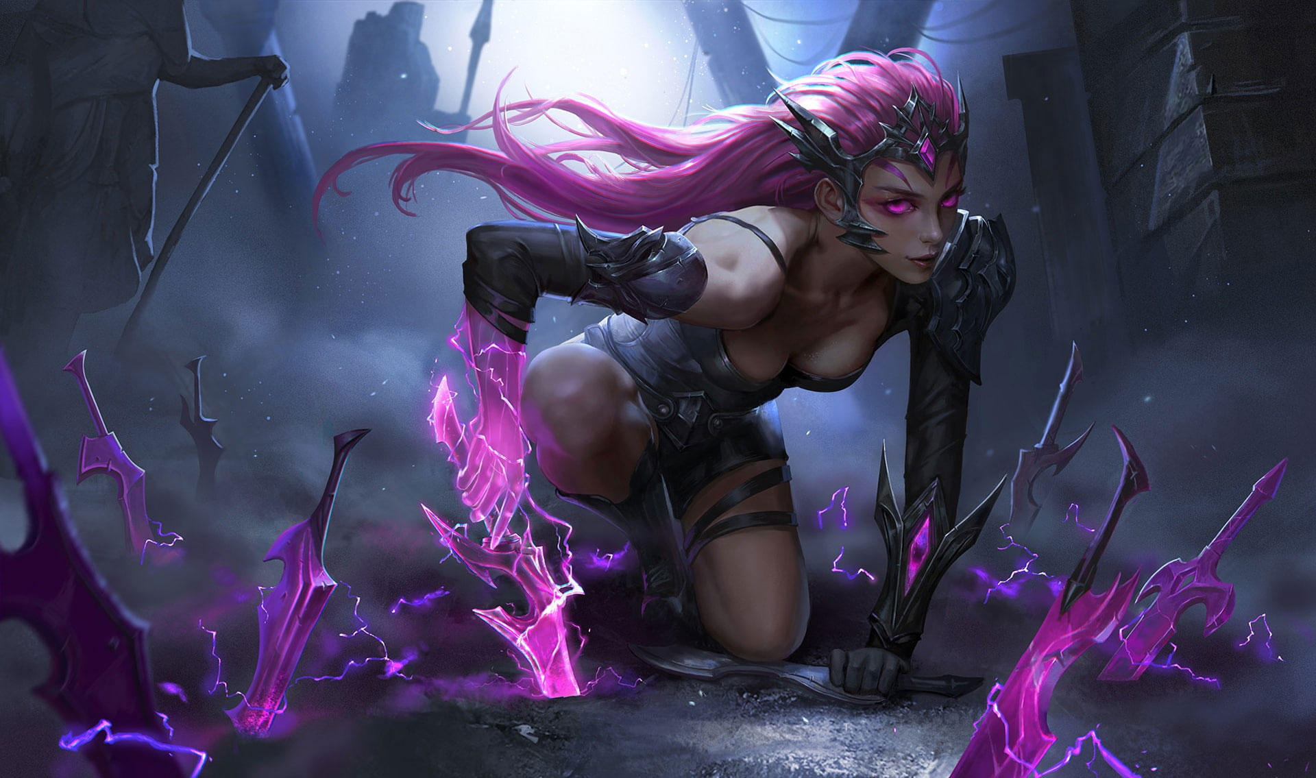 Dark girl fantasy wallpaper, cleavage, pink hair, armor, Warrior, weapons