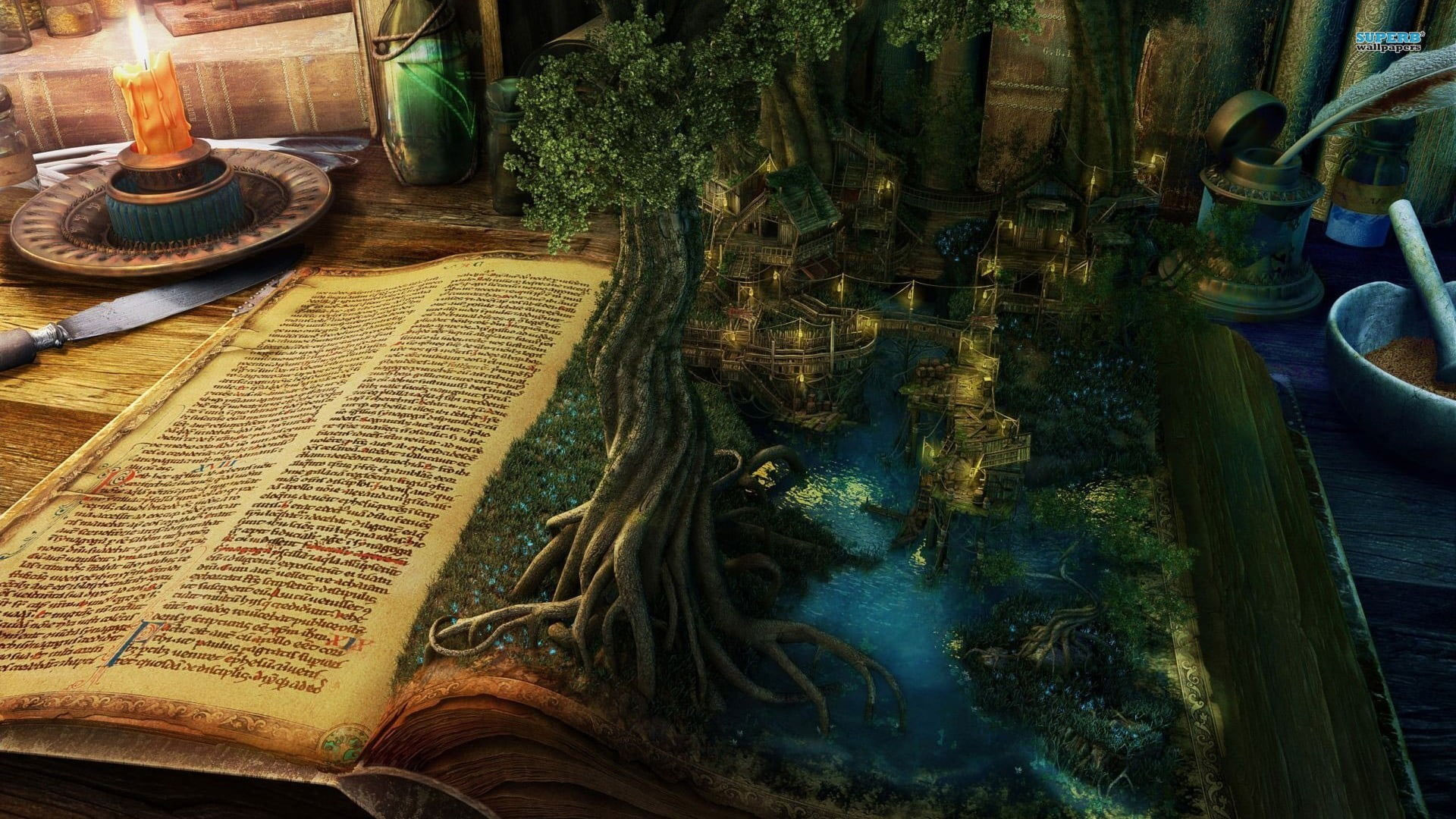 Opened book with trees and houses painting, digital art, fantasy art
