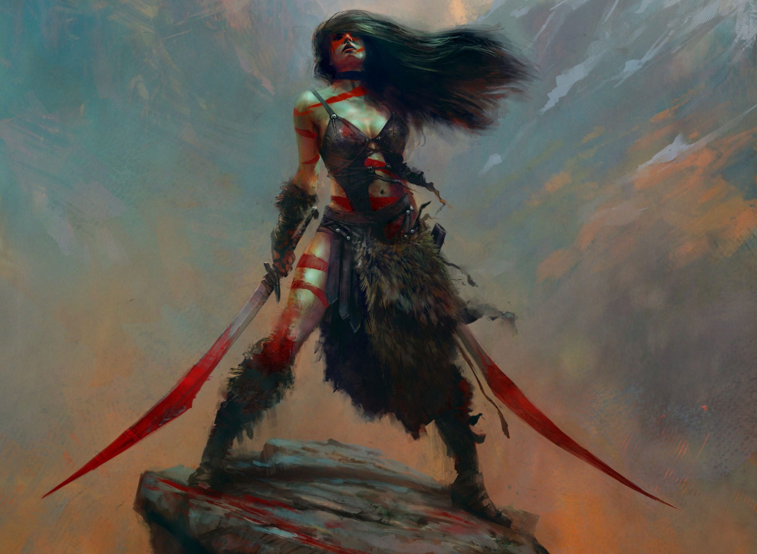Female character holding two swords painting, artwork, fantasy art wallpaper