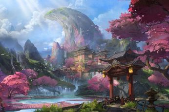 Artwork wallpaper, fantasy art, Chinese architecture, mountains, cherry blossom