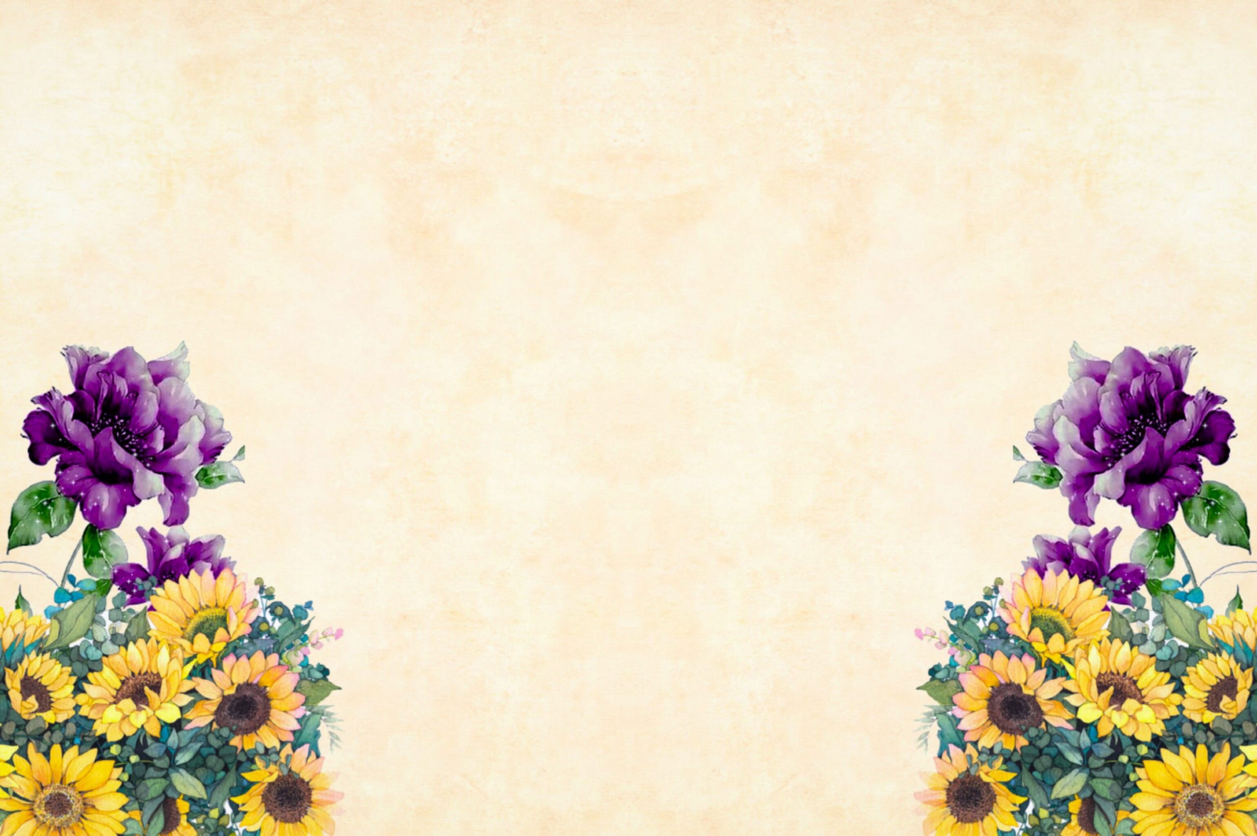 Purple and Yellow flowers on corners of light wallpaper, watercolor
