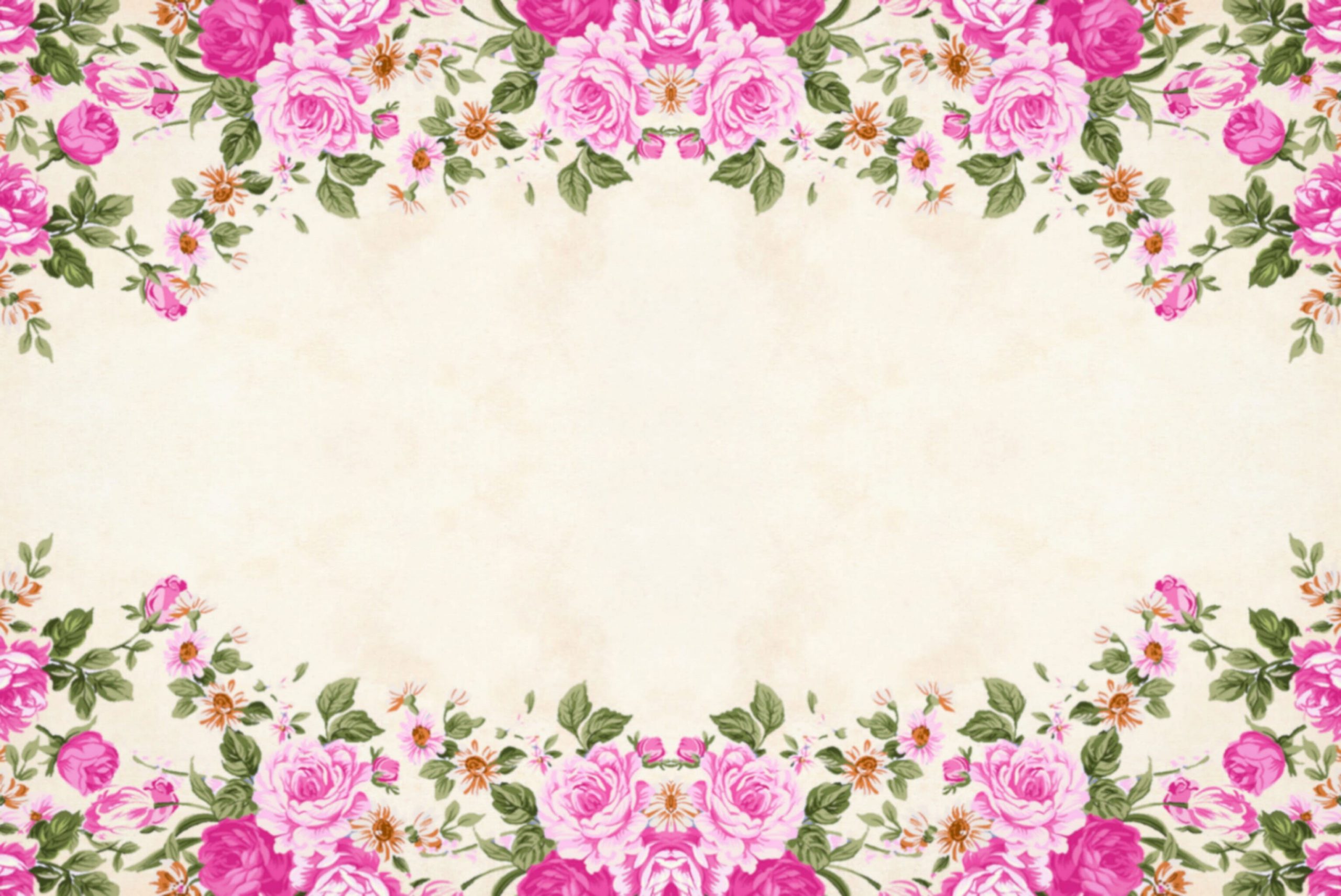 Floral frame wallpaper with pink flowers on top and bottom, border