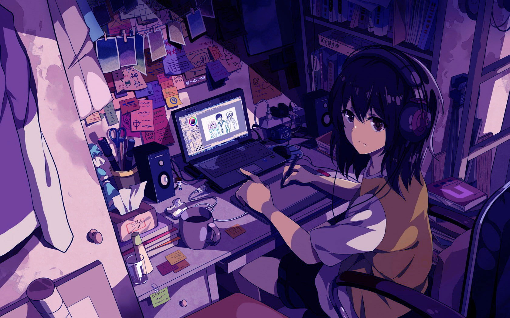 Anime wallpaper, anime girls, headphones, original characters, technology