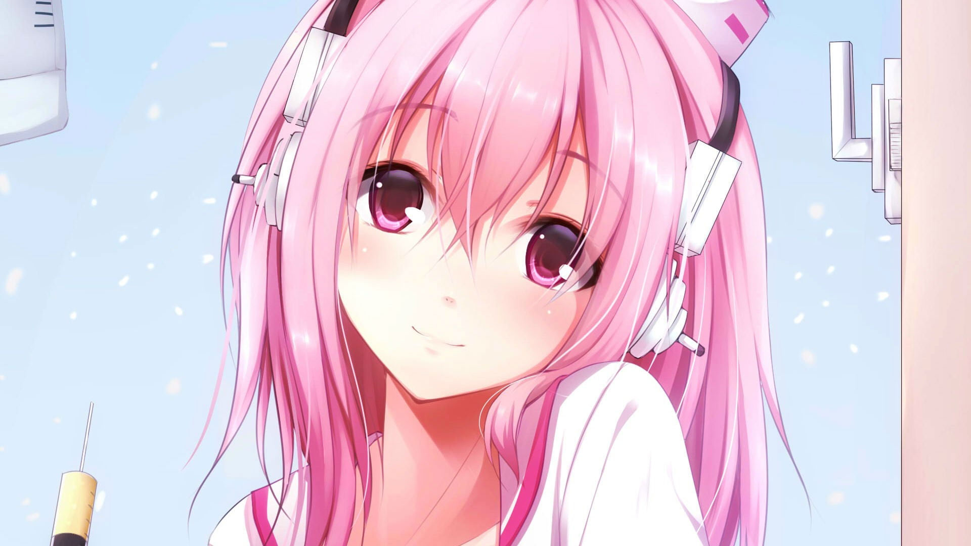Super Sonico wallpaper, anime girls, headphones, pink hair, pink eyes, bangs