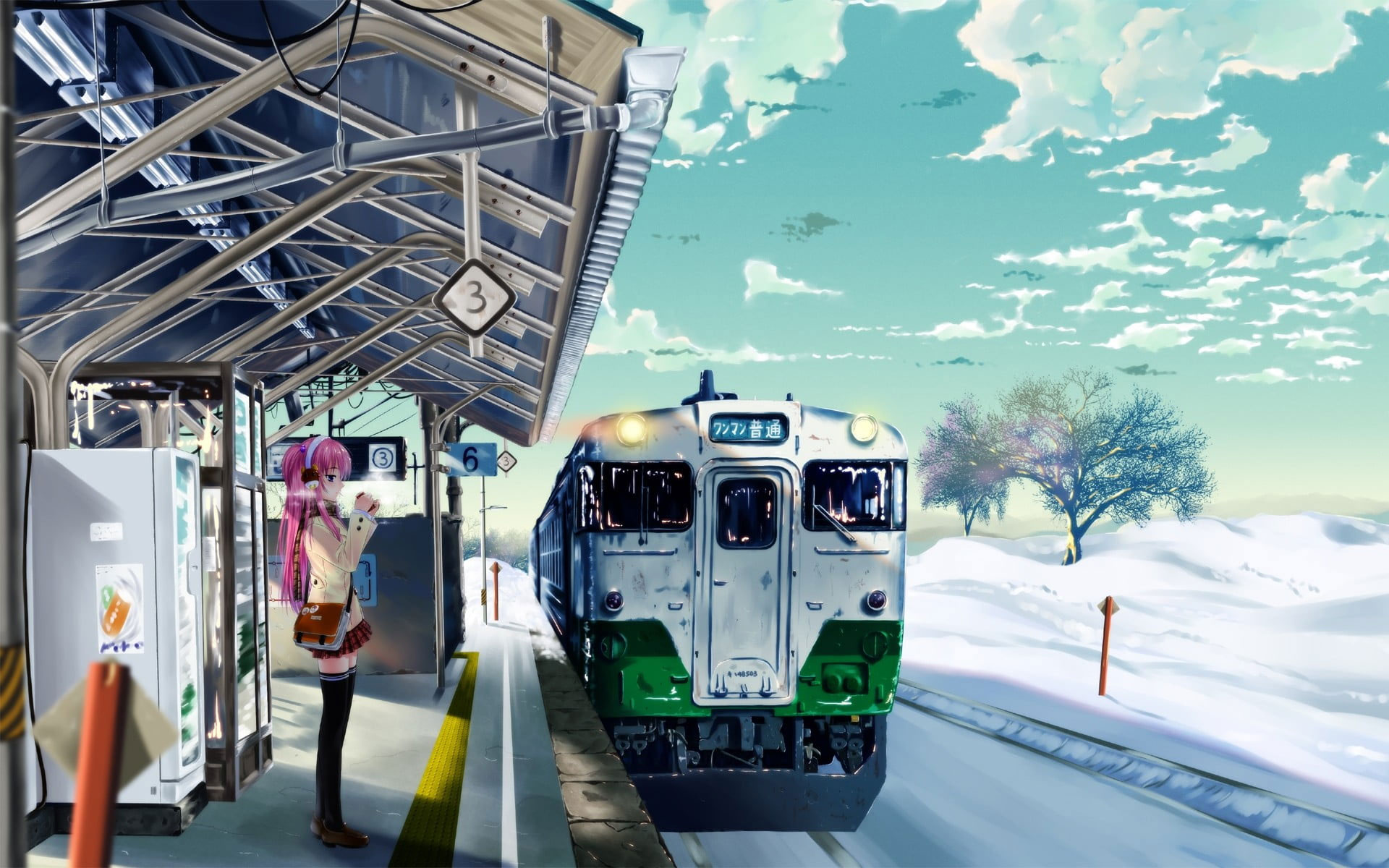 Pink-haired female anime character wallpaper, train, winter, train station