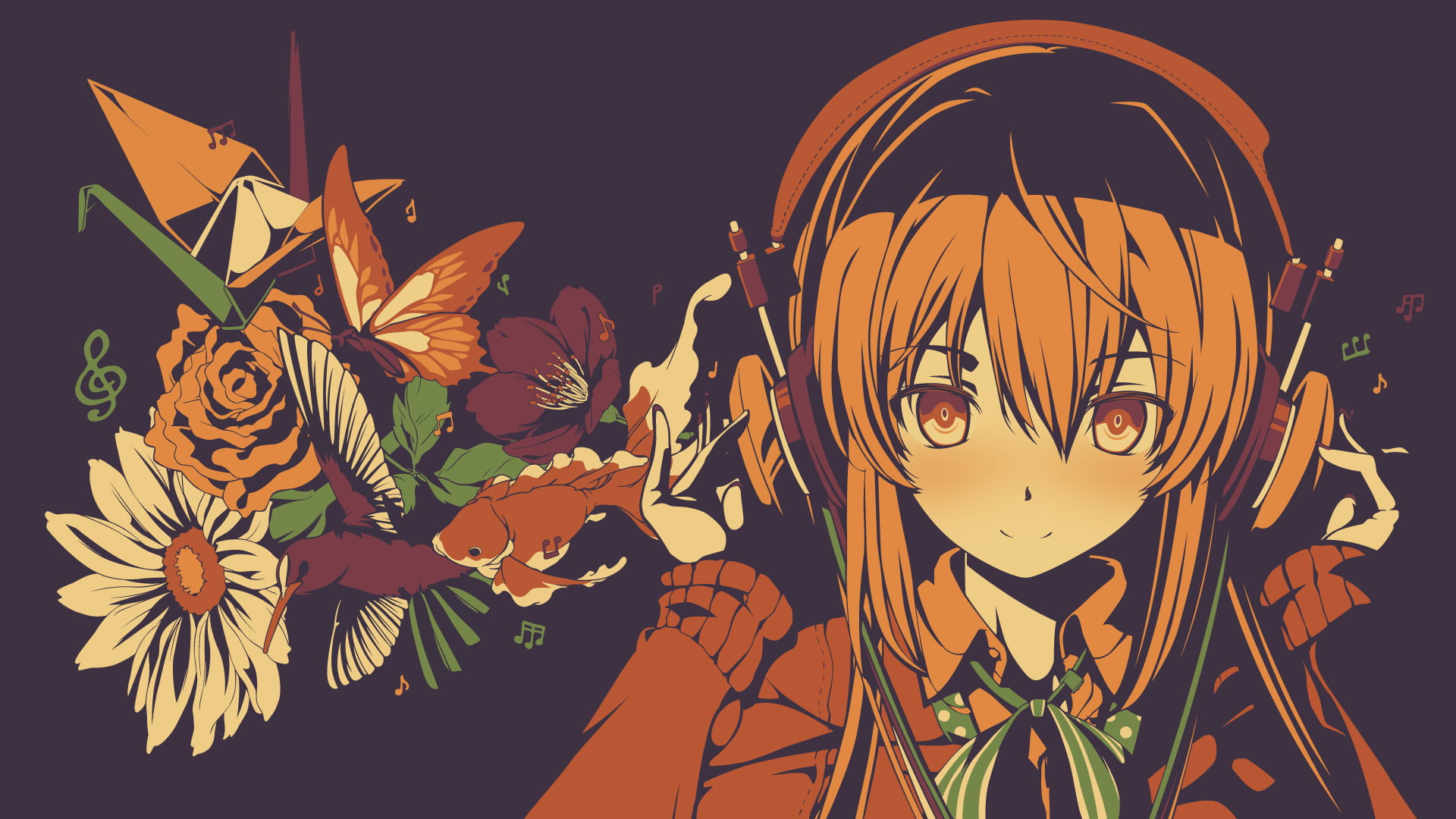 Headphones wallpaper, flowers, anime characters.