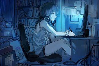Computer, headphones, anime girls wallpaper