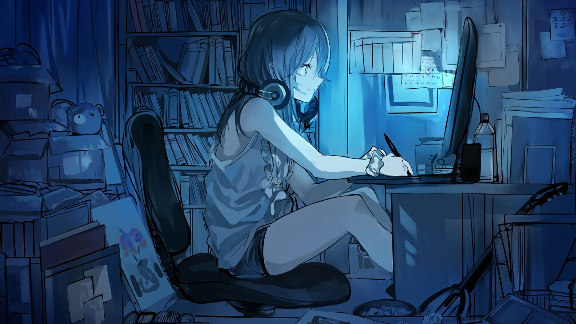 Computer, headphones, anime girls wallpaper