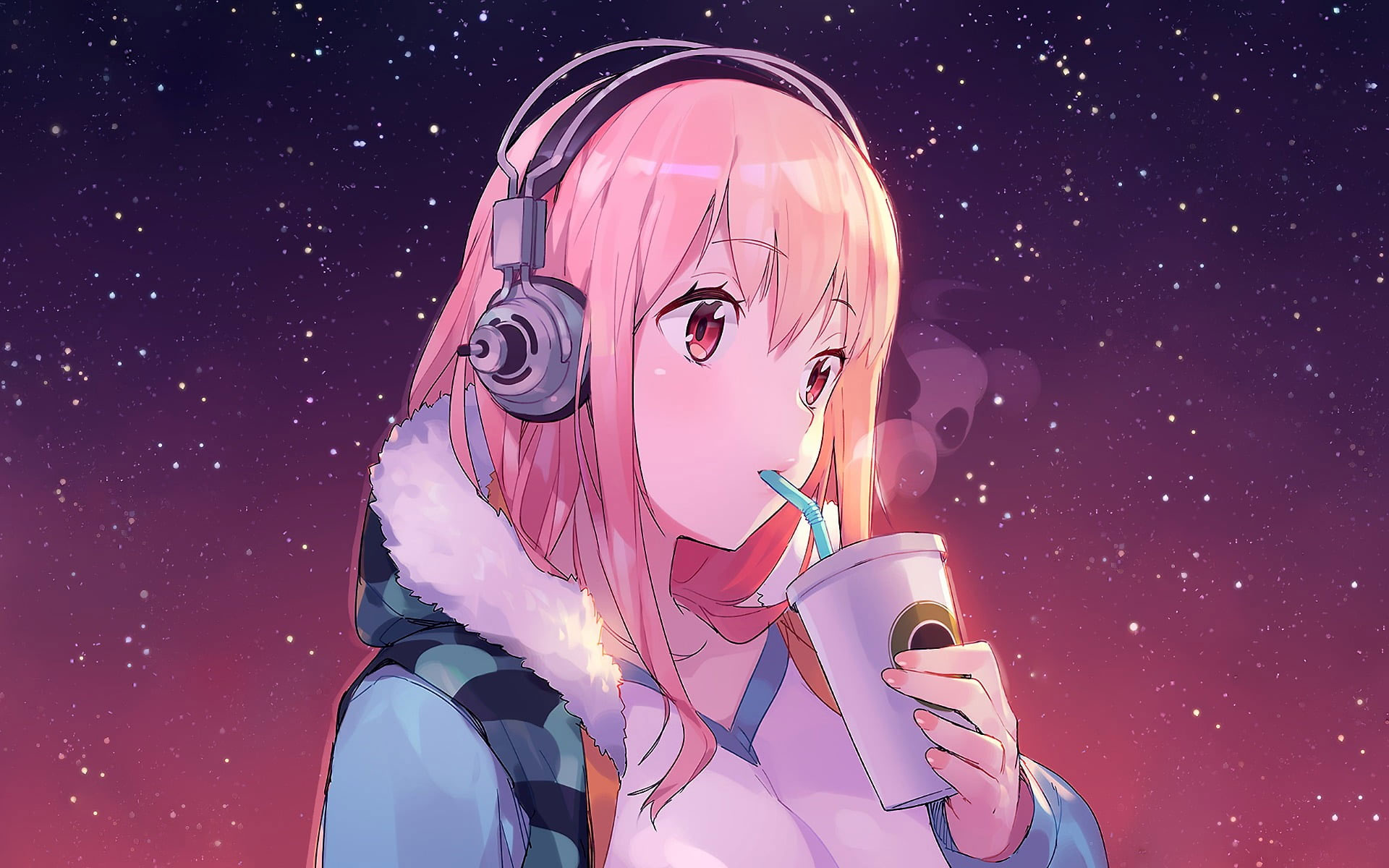 Anime girls wallpaper, Super Sonico, headphones, one person, night, headshot