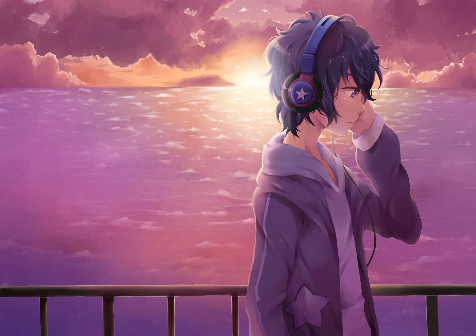 Anime wallpaper, Original, Boy, Headphones, Original (Anime), sky, sunset
