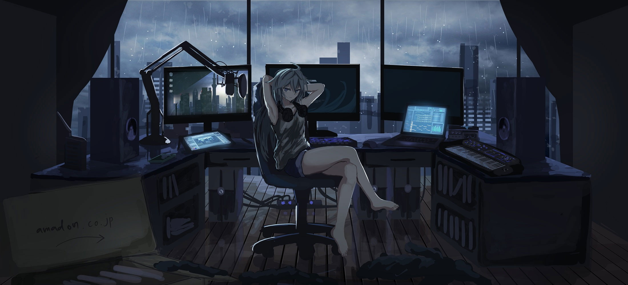 Anime wallpaper, Original, Computer, Girl, Headphones, Rain
