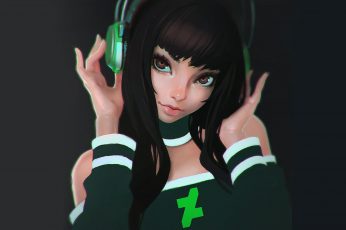 Female character with green headphones illustration, digital art wallpaper