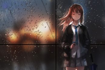 Brown-haired girl wearing jacket and earphones anime wallpaper