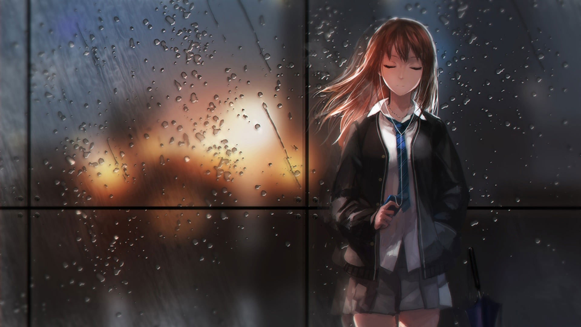 Brown-haired girl wearing jacket and earphones anime wallpaper