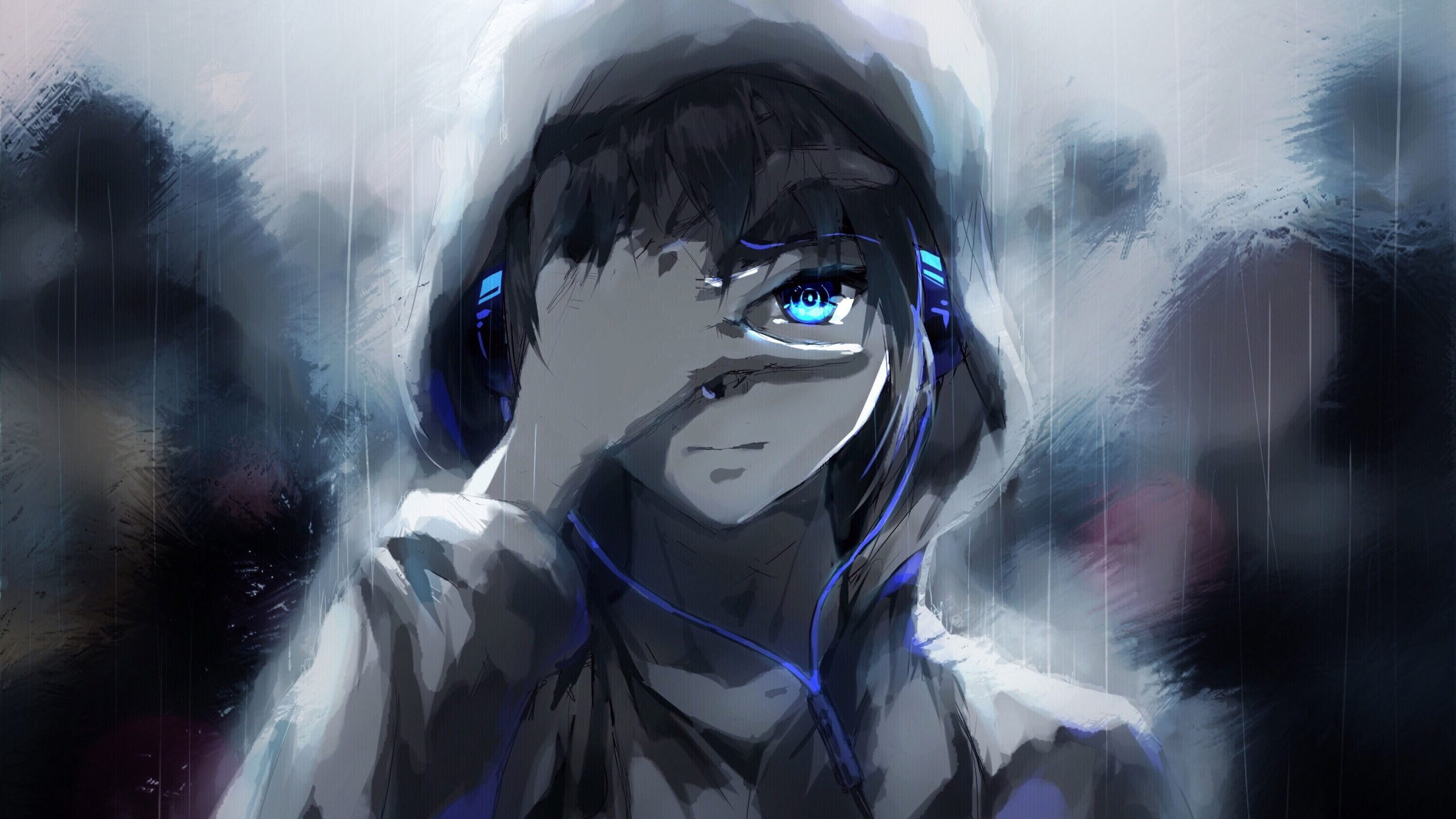 Anime boy wallpaper, hoodie, blue eyes, headphones, painting