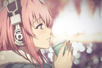 Nitroplus wallpaper, Super Sonico, pink hair, profile, anime girls, headphones