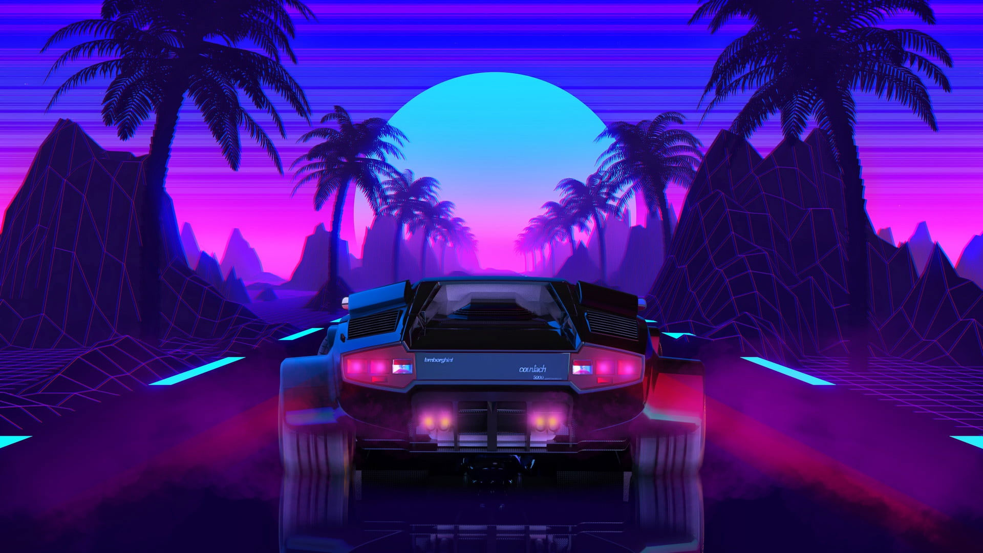 Black car neon wallpaper, Lamborghini, vehicle, artwork, rear view