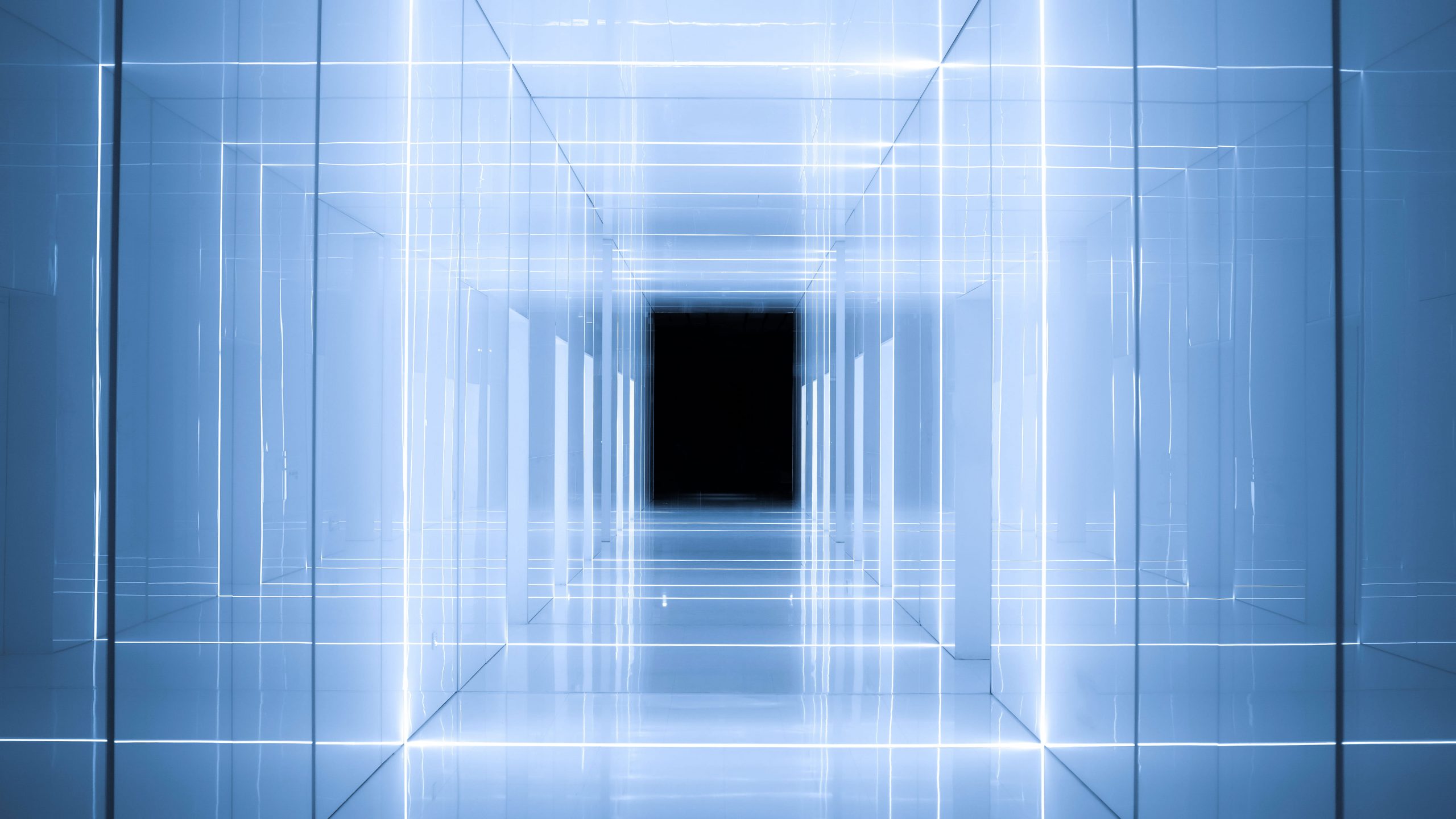 Mirrored pathway wallpaper, infinity mirror, hallway, blue neon, neon light
