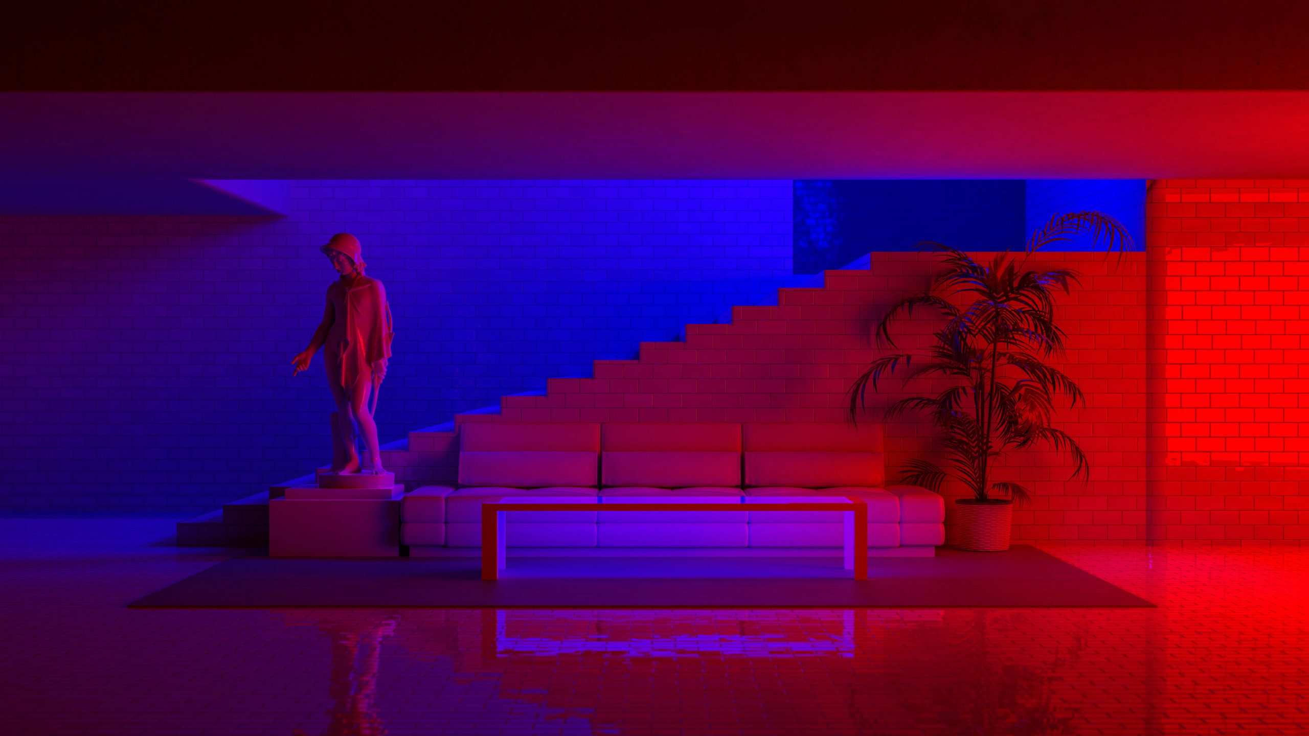 Red blue wallpaper, statue, Eros, plants, bricks, couch, neon, neon lights