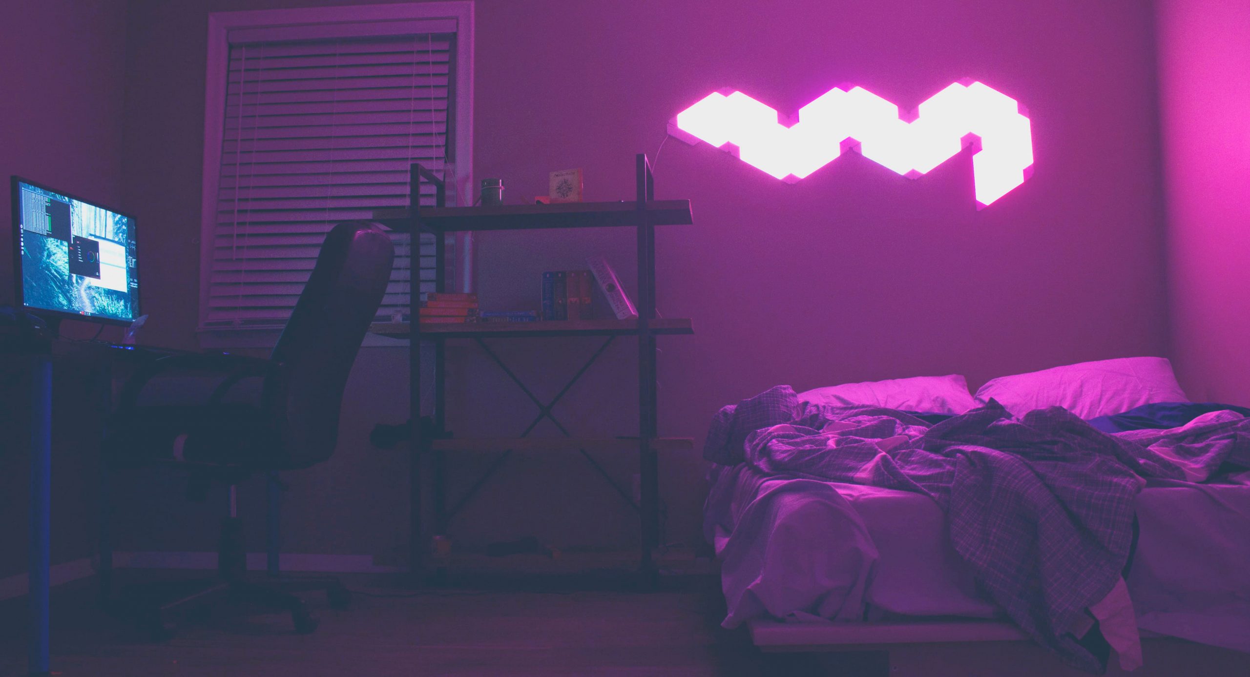 Bedroom neon wallpaper, lights, outrun, synthwave, 80’s, techno, furniture