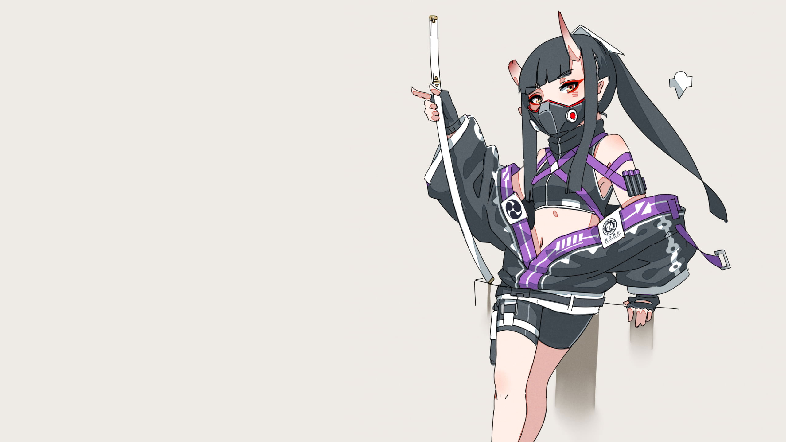 Oni girl wallpaper, mask, horns, black hair, katana