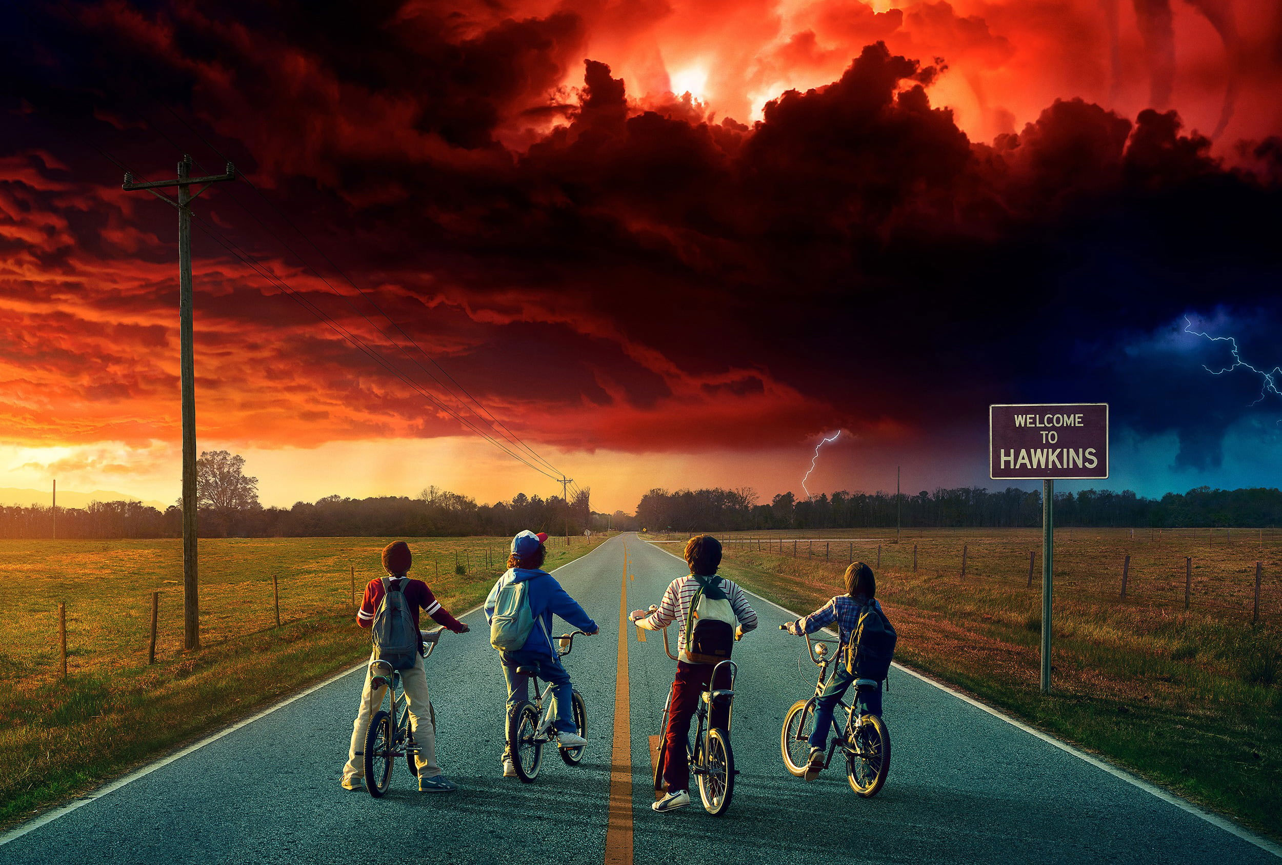 Stranger Things wallpaper, Netflix, clouds, bicycle, children, tv series